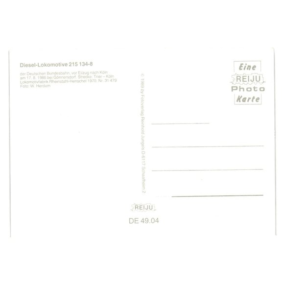 Diesel Locomotive 215 134 8 German Bundesbahn 1986 Postcard REJU Train Rail Car - Picture 2 of 2